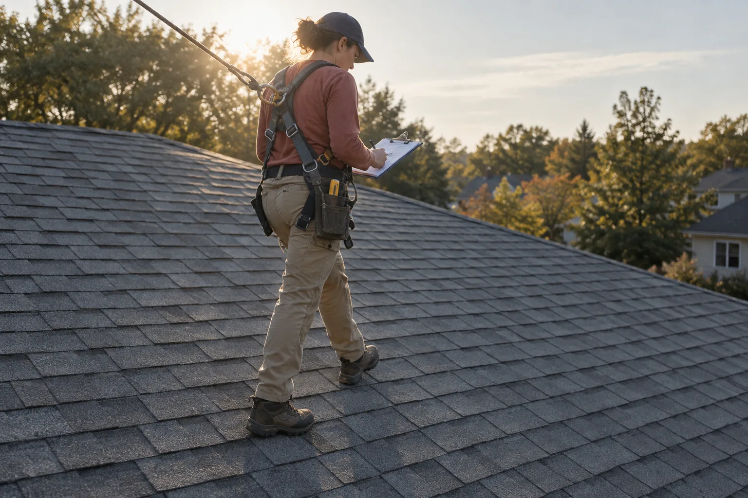 Illustration of a backlit roofing inspector walking an existing shingle roof with a clipboard